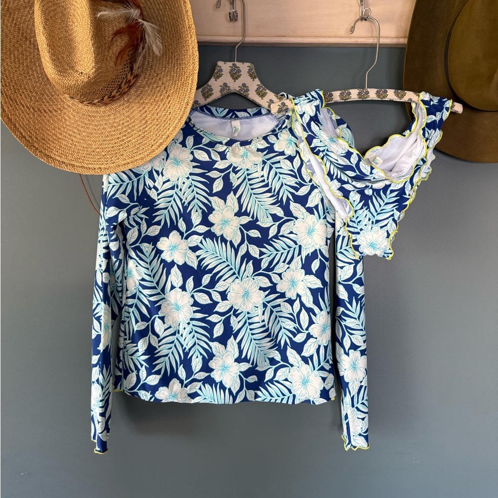 Hobie Girl’s Blue/White floral Print Long Sleeve Rashguard Set Size 16